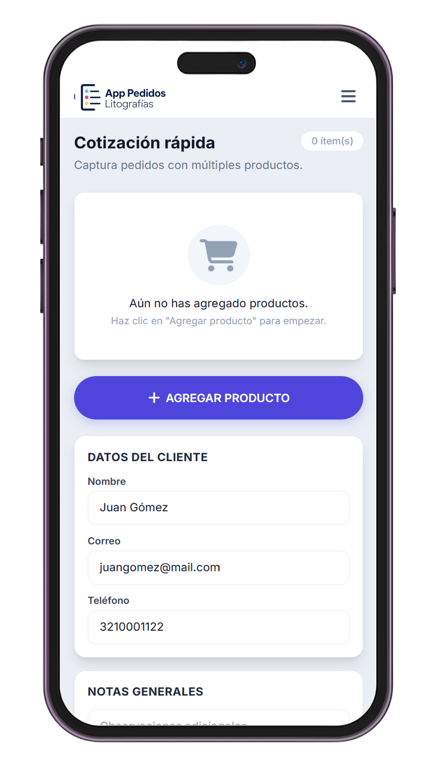 App de Pedidos de Vulpik mostrando la cotización rápida en un celular
